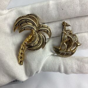 Damascene Spain Enamel Palm Tree / Ship Vintage Estate Brooch Pin Bundle